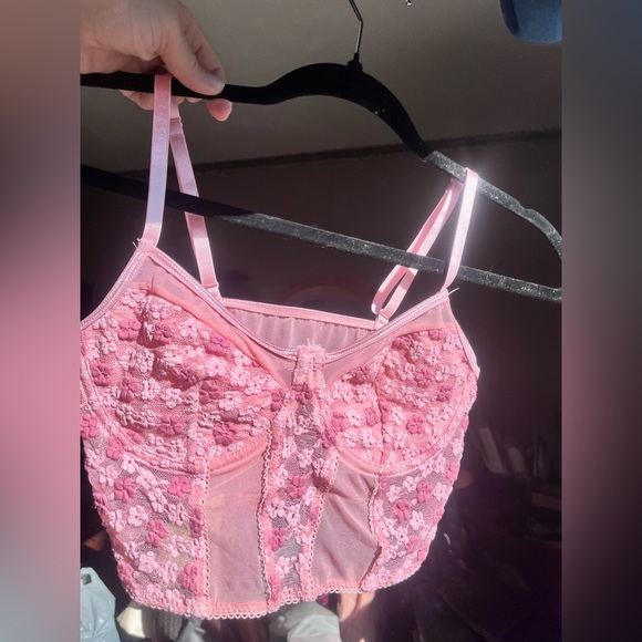 VTG 90s Strawberry Pink mauve Floral Lace Bodice Top • cropped lingerie tank - Picture 7 of 8